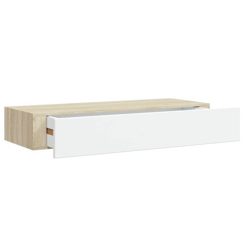 Стенен рафт за чекмеджета, дъб и бяло, 60x23,5x10 см, MDF