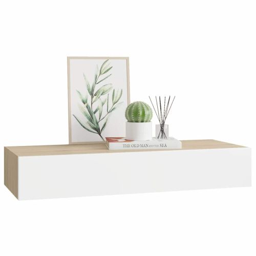 Стенен рафт за чекмеджета, дъб и бяло, 60x23,5x10 см, MDF
