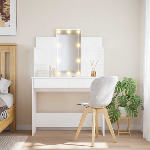 Тоалетка с LED лампи, бяла, 96x40x142 см