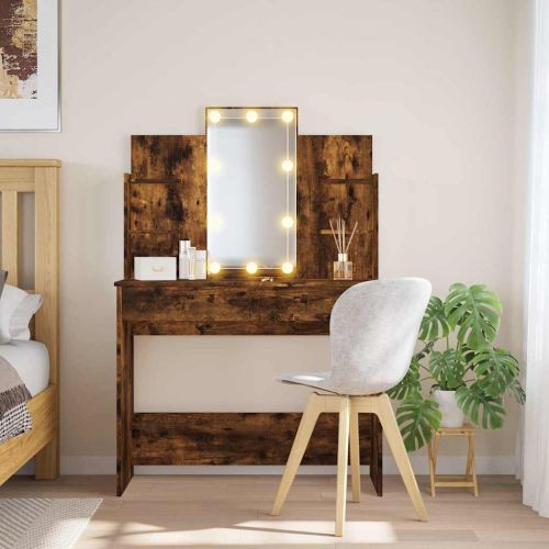 Тоалетка с LED лампи, опушен дъб, 96x40x142 см
