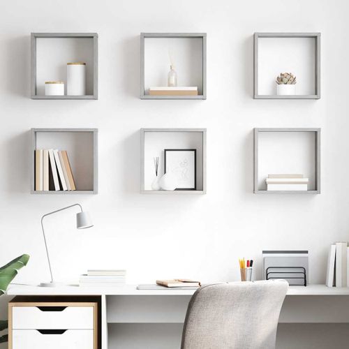 Стенни кубични рафтове, 6 бр, бетонно сиви, 30x15x30 см