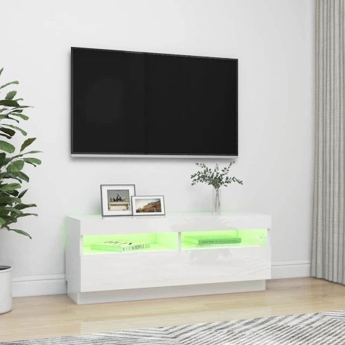 ТВ шкаф с LED осветление, бял гланц, 100x35x40 см