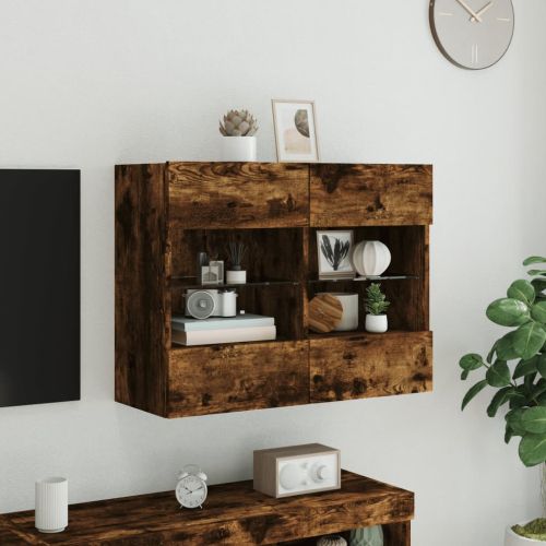 Стенен ТВ шкаф с LED осветление, опушен дъб, 78,5x30x60,5 см
