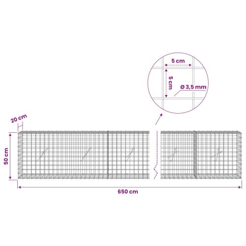 Габион с 3,5 мм Жица и 5x5 см Мрежа 650x20x50 см