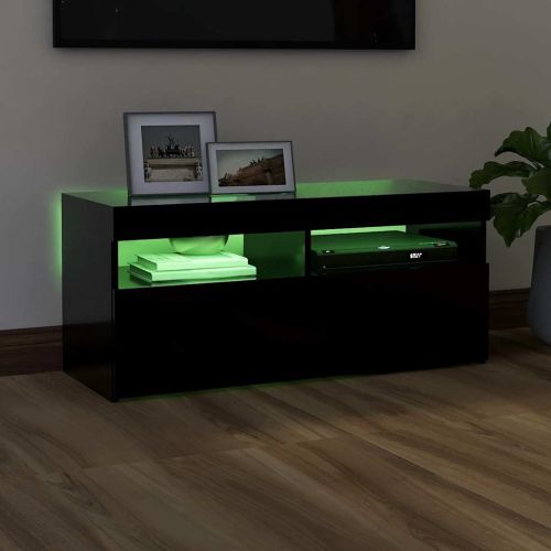 ТВ шкаф с LED осветление, черен, 90x35x40 см