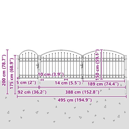 Градинска оградна порта ASSEN с арковиден връх, стомана, 1,5x5 м, черна