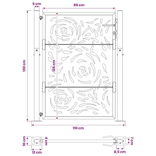 Градинска порта 100x125 см, изветряща стомана, дизайн с пламък