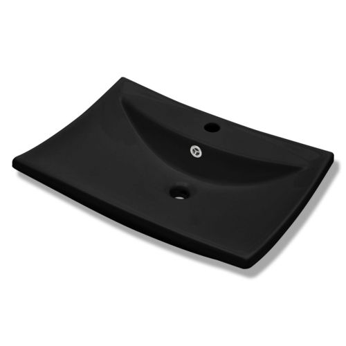 Черна керамична мивка с преливник и отвор за смесител, правоъгълна