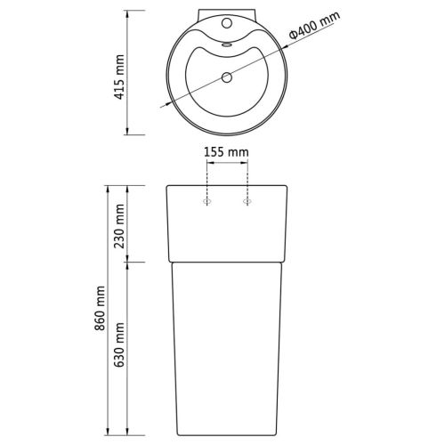 Керамична мивка на стойка, преливник, отвор за смесител, бяла, кръгла