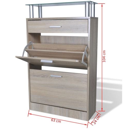 Шкаф за обувки с чекмедже, горен стъклен плот, дърво, дъб