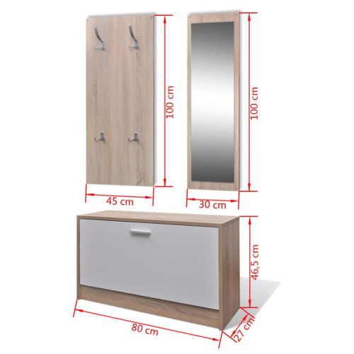 3-в-1 комплект дървен шкаф за обувки, дъб и бяло