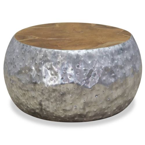 Маса за кафе, алуминий, тиково дърво, 60x60x30 см