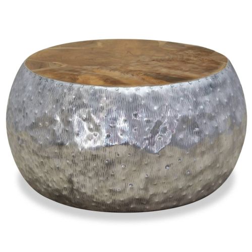 Маса за кафе, алуминий, тиково дърво, 60x60x30 см