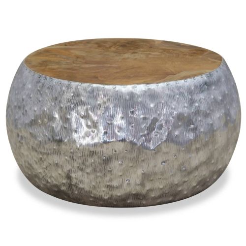 Маса за кафе, алуминий, тиково дърво, 60x60x30 см