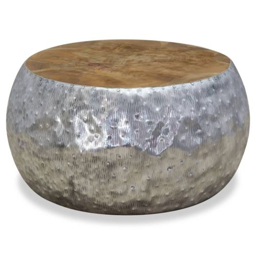 Маса за кафе, алуминий, тиково дърво, 60x60x30 см