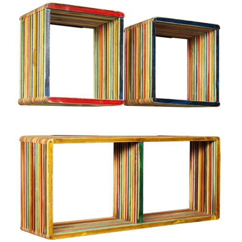 К-кт стенни рафтове, 3 бр, регенериран тик масив, многоцветен