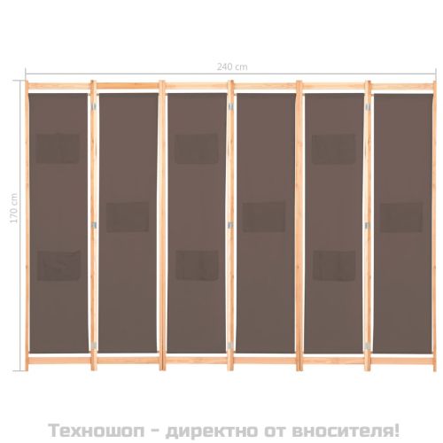 Параван за стая, 6 панела, кафяв, 240х170х4 cм, текстил
