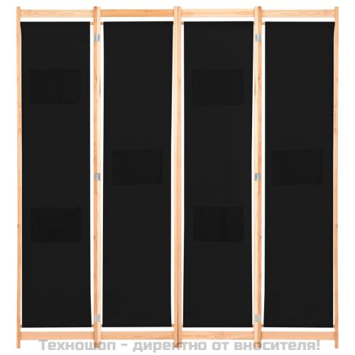 Параван за стая, 4 панела, черен, 160x170x4 cм, текстил
