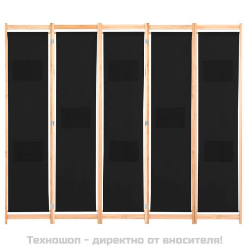 Параван за стая, 5 панела, черен, 200x170x4 cм, текстил