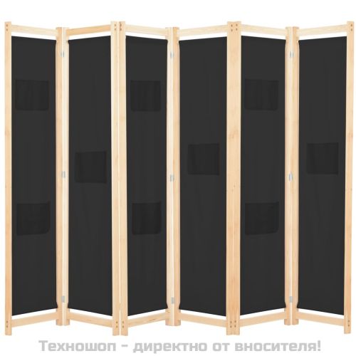 Параван за стая, 6 панела, черен, 240х170х4 cм, текстил