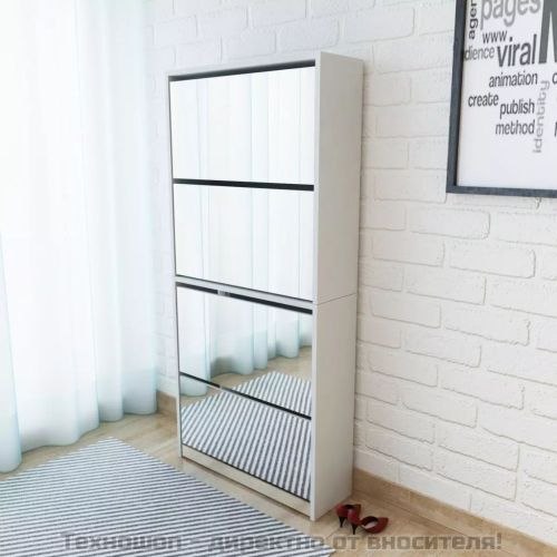 Шкаф за обувки на 4 нива с огледала, бял, 63x17x134 cм