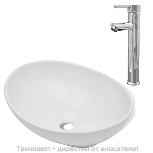 Мивка за баня със смесител, керамична, овална, бяла