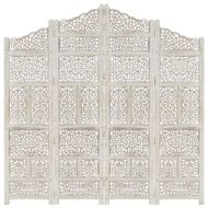 Ръчно резбован параван, 4 панела, бял, 160x165 cм, манго масив