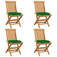 Градински столове със зелени възглавници 4 бр тик масив
