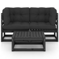 Градински лаундж комплект, 3 части, с възглавници, бор масив