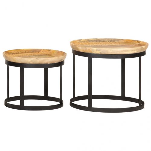 Странични кръгли маси, 2 бр, мангово дърво масив и стомана