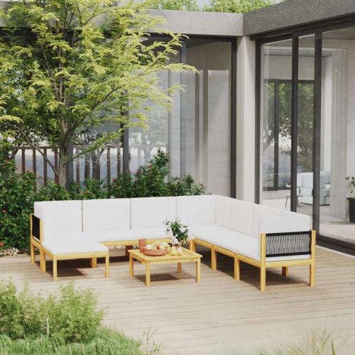 Градински комплект с възглавници, 9 части, кремаво дърво, акация и въже