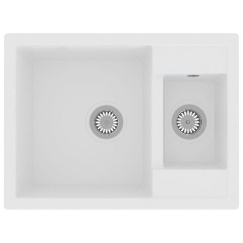 Кухненска мивка с преливник, двойно корито, бяла, гранит