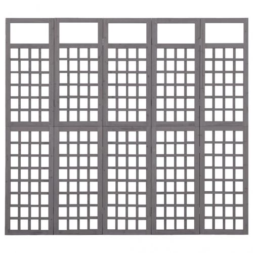 Параван за стая, 5 панела, сив, масивна ела, 201,5x180 см