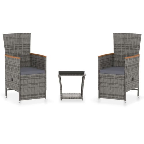 Градински комплект с възглавници, 3 части, полиратан, сив