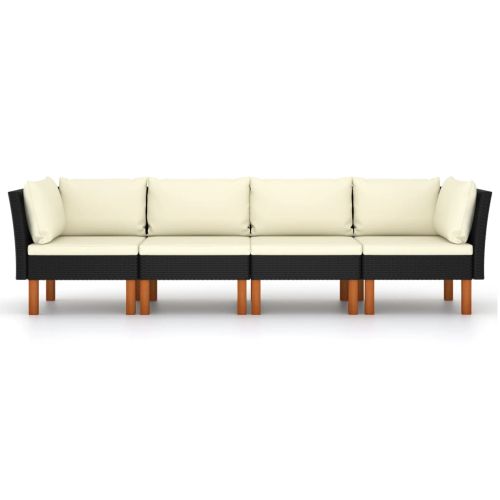 4-местен градински диван с възглавници, черен полиратан