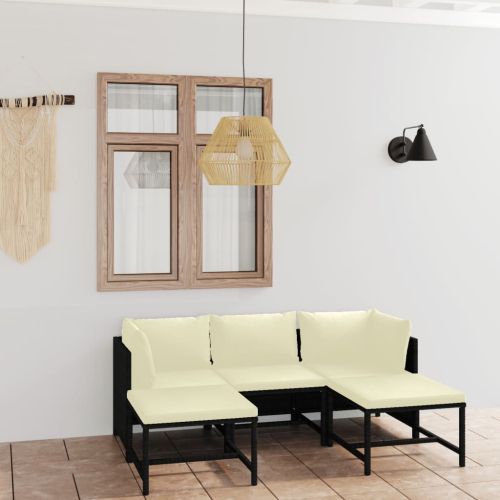 Градински комплект с възглавници, 5 части, черен полиратан