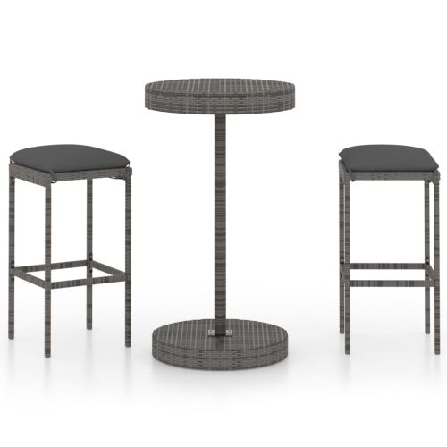 Градински бар комплект с възглавници, 3 части, полиратан, сив