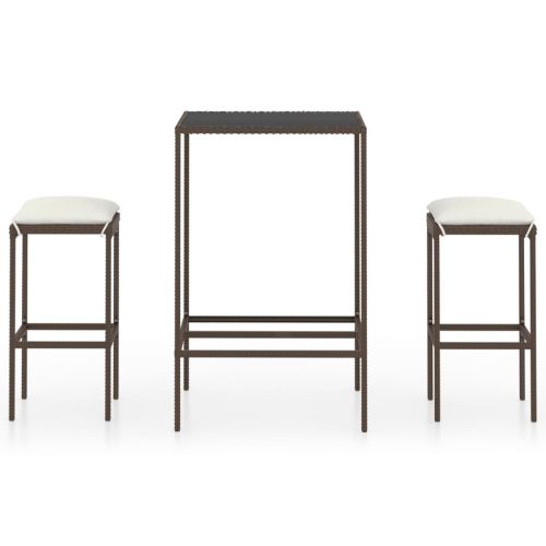 Градински бар комплект с възглавници, 3 части, кафяв полиратан