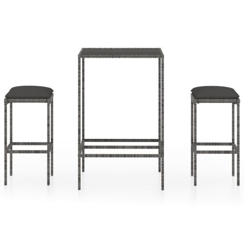 Градински бар комплект с възглавници, 3 части, полиратан, сив