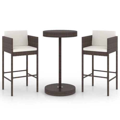 Градински бар комплект с възглавници, 3 части, кафяв полиратан