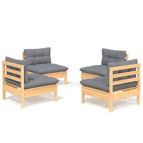 Градински лаундж комплект със сиви възглавници, 4 части, бор