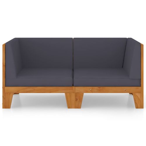 2-местен диван с тъмносиви възглавници акациево дърво масив