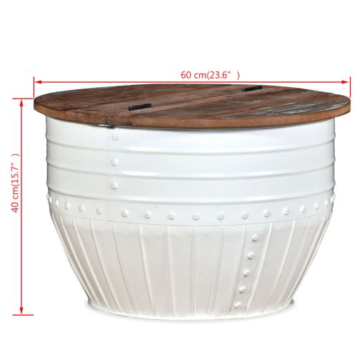 Маса за кафе, регенерирано дърво, бяла, форма на буре