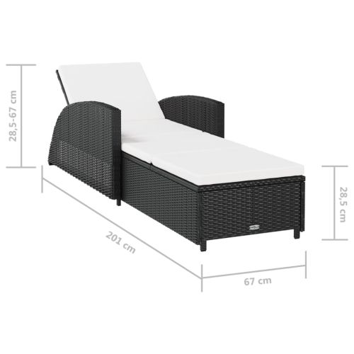 Шезлонг с кремавобяло шалте, черен полиратан