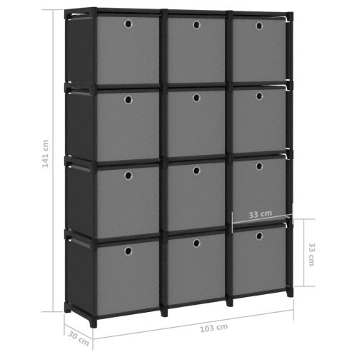 Рафт с 12 кубични отделения с кутии, черен, 103x30x141 см, плат