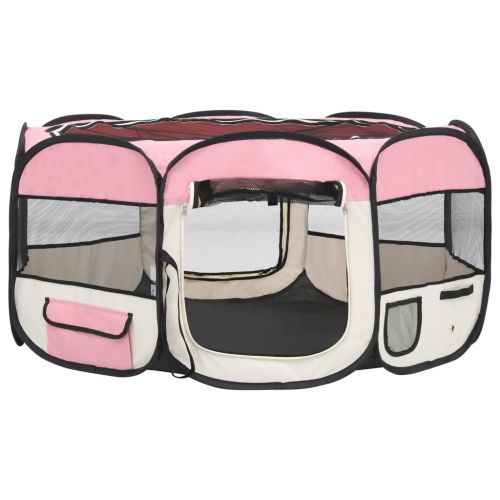 Сгъваема кучешка кошара с чанта за носене розова 145x145x61 см