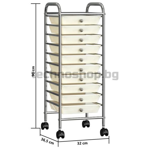 Мобилна количка за съхранение с 10 чекмеджета бяла пластмаса