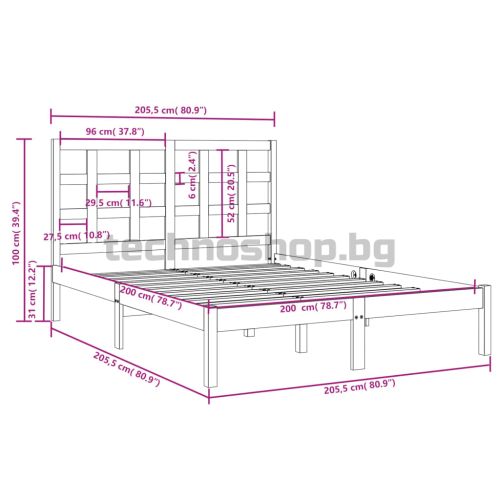 Рамка за легло, черна, дърво масив, 200x200 см