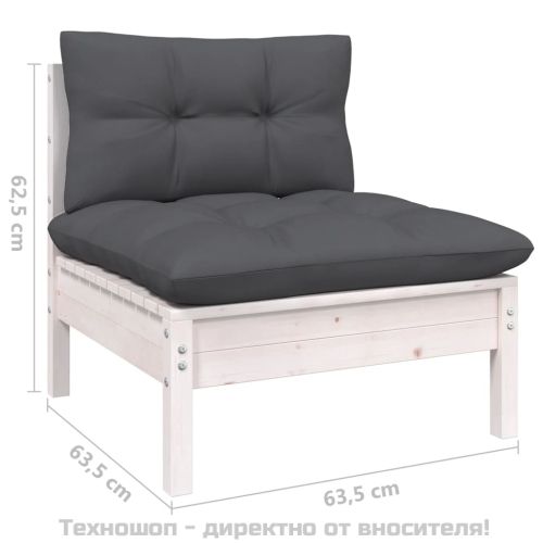 Градински лаундж комплект с възглавници, 6 части, бял, бор