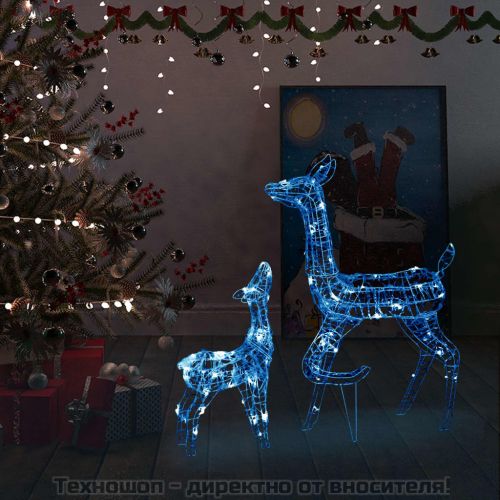 Акрилна коледна украса семейство елени, 160 LED, синьо
